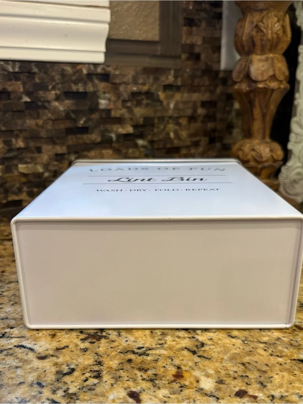 Loads of Fun Lint Bin - White Laundry Tin